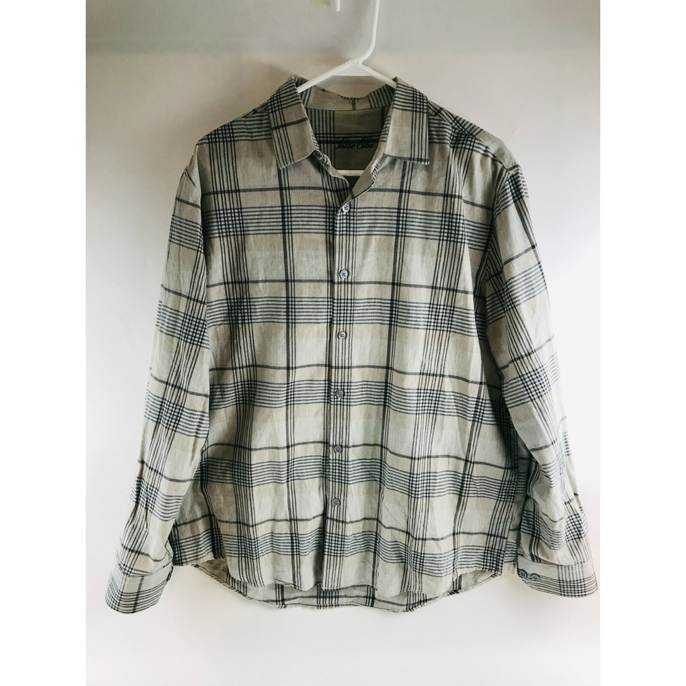 Jasso Elba Shirt Men's Size Large 16-16.5 Tan Gray Plaid Long Sleeve Button Up